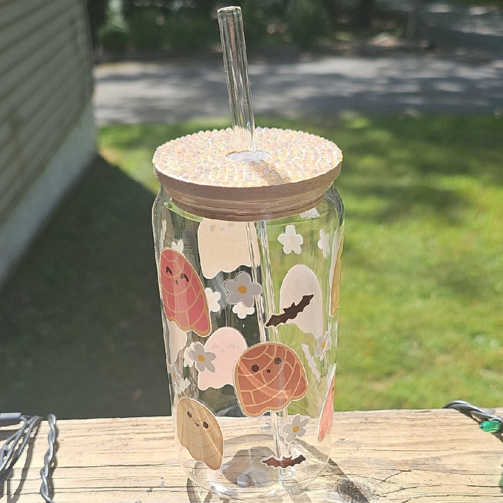 Cute Ghost and Flower Glass Tumbler with Straw - Picture 1 of 4